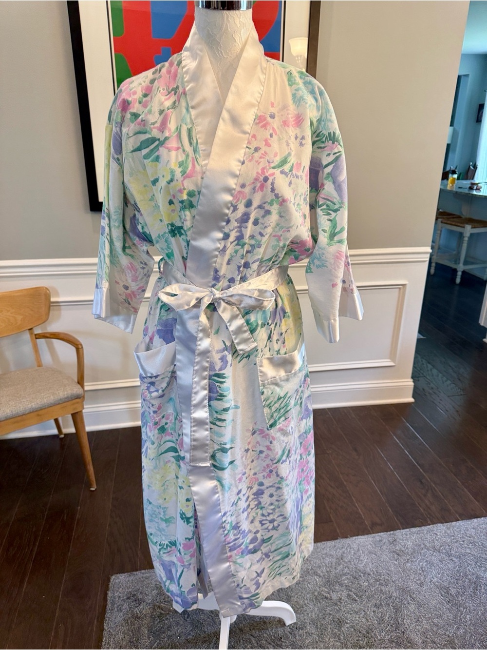 Catchet Floral Satin Trim Cotton Robe in Pastel Watercolor Print